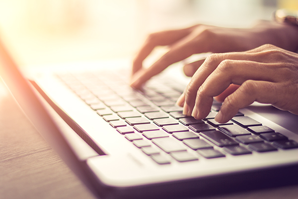 Laptop, Computer, Desktop PC, Human Hand, Office / soft focus picture / Vintage concept