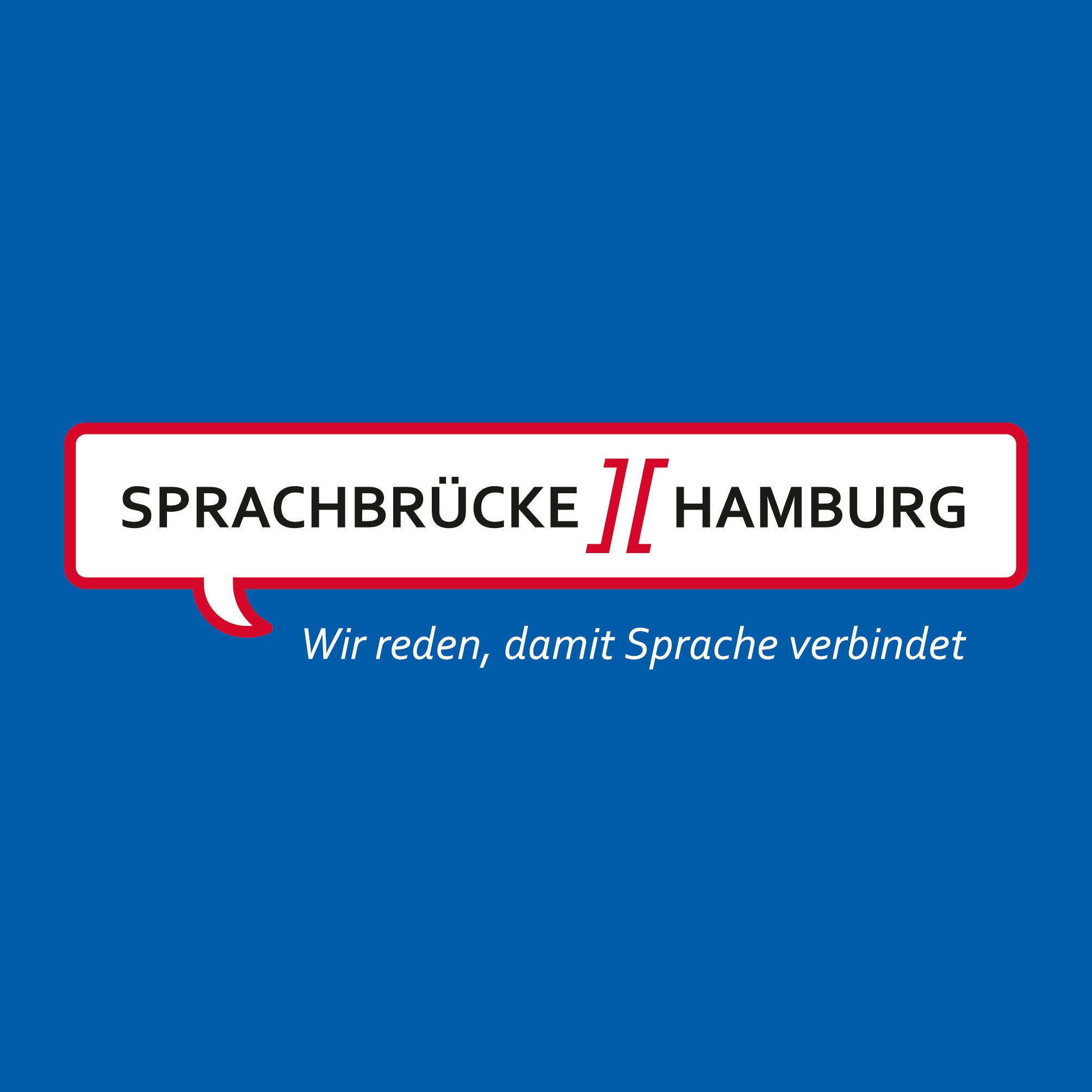 Logo von Sprachbrücke-Hamburg e.V. vor blauem Hintergrund