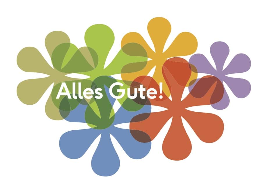 Postkarten Motiv "Alles Gute" mit bunten grafischen Blumen